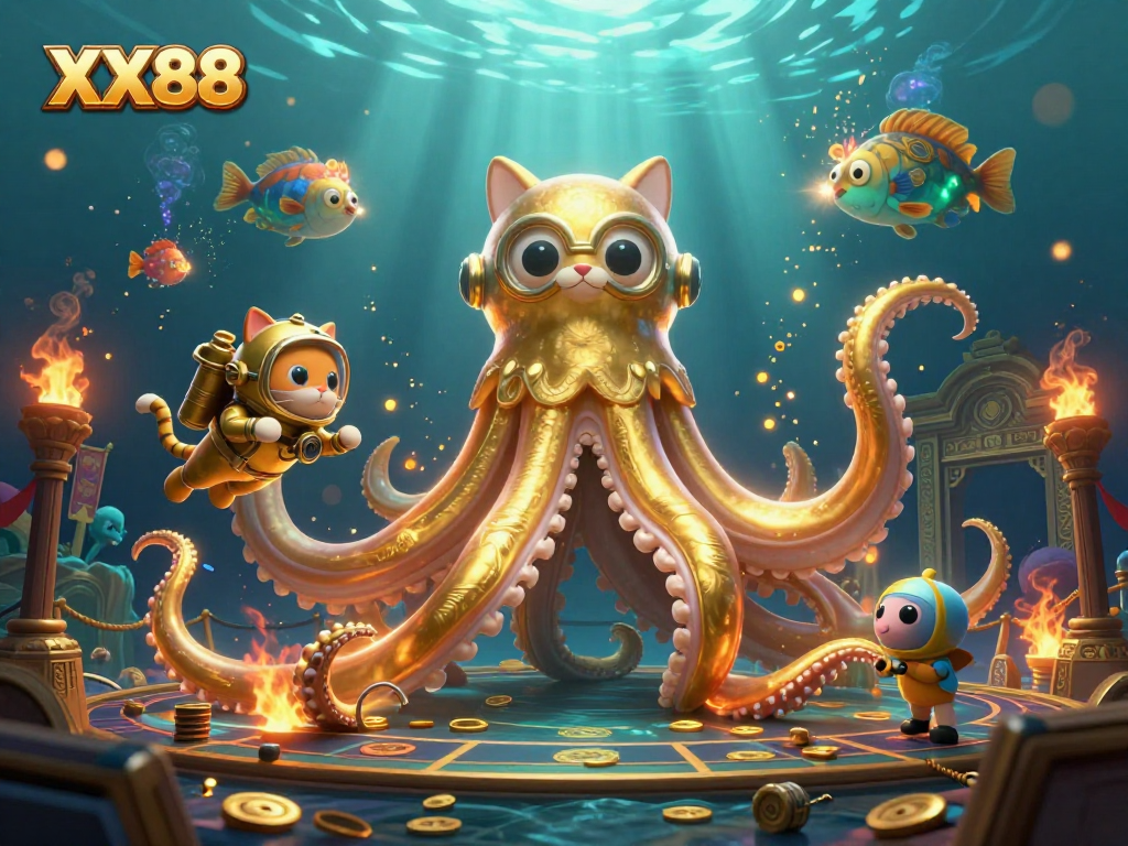 Players enjoy thrilling experiences at XX88, with the kraken and diving cat in a vibrant casino scene.