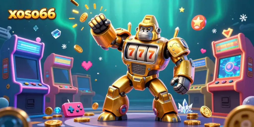 Experience thrilling wins with Xoso66 as a golden gorilla mech triumphs in a vibrant casino world.