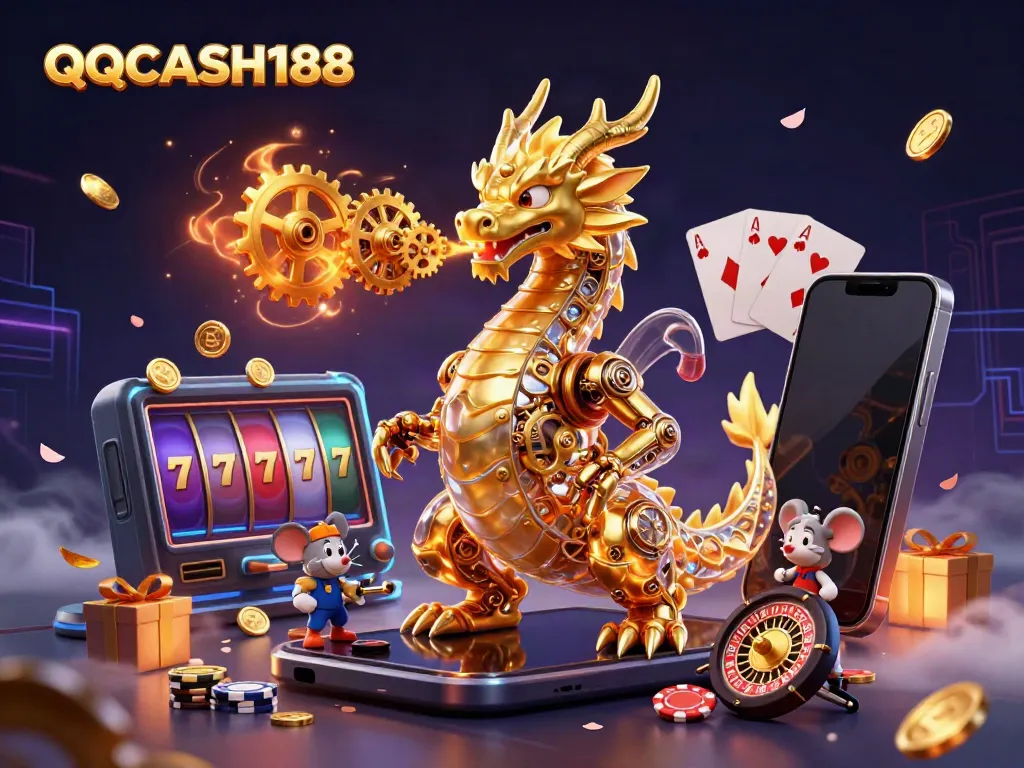 Engage in thrilling gameplay with QQCASH188, featuring a golden dragon and dynamic casino elements.