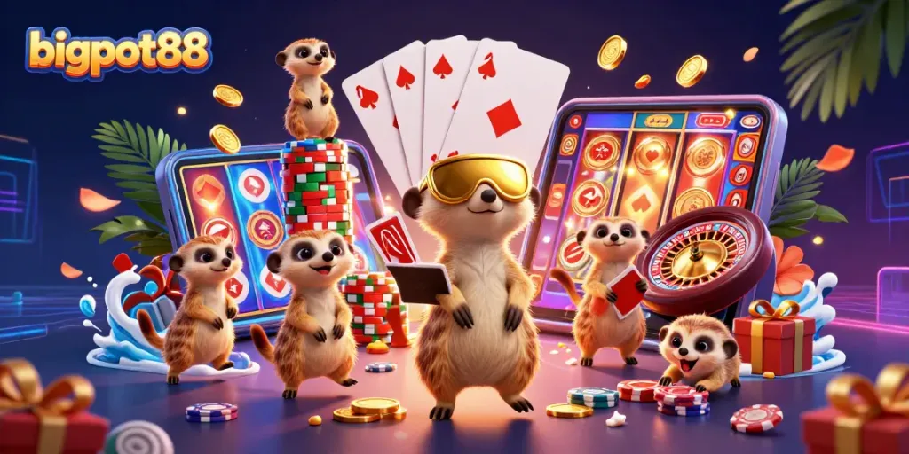 bigpot88 menangkap suasana kasino dengan koloni meerkat menjalankan operasi kasino yang berwarna-warni.