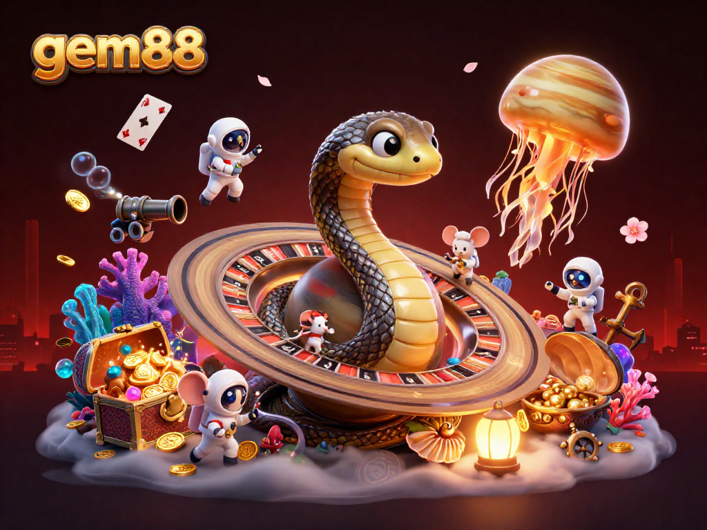 gem88 showcases a vibrant cosmic casino scene with interactive astronaut mice and a golden jellyfish dealer.