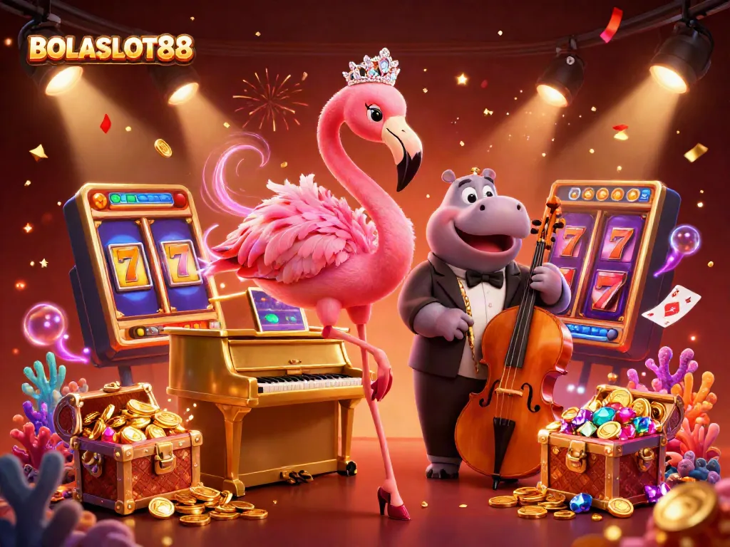 Experience the vibrant world of BOLASLOT88 with lively characters and dazzling casino elements.