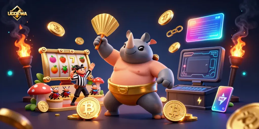 Engage in endless fun with UGDEWA, a unique digital gaming scene featuring vibrant cartoon characters, gold coins, and casino elements.