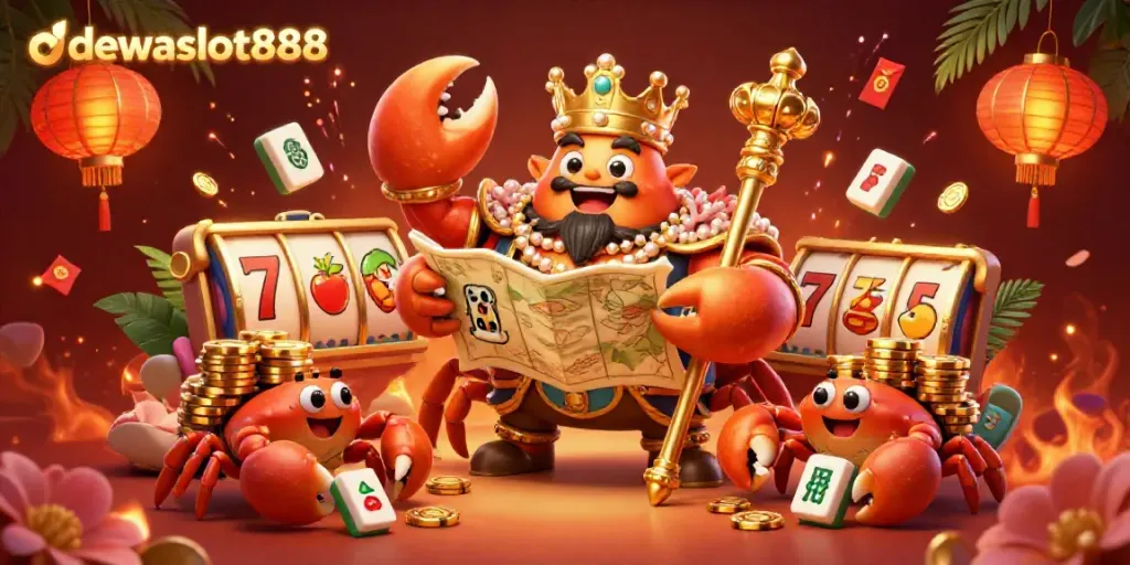 Visualisasi dewataslot888 dengan karakter kepiting emas raksasa memainkan slot dan keberuntungan bersinar
