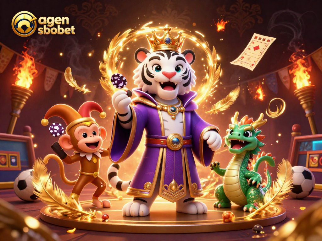 A dynamic illustration showcasing agen sbobet with a white tiger and playful monkey amidst vibrant sports betting elements.