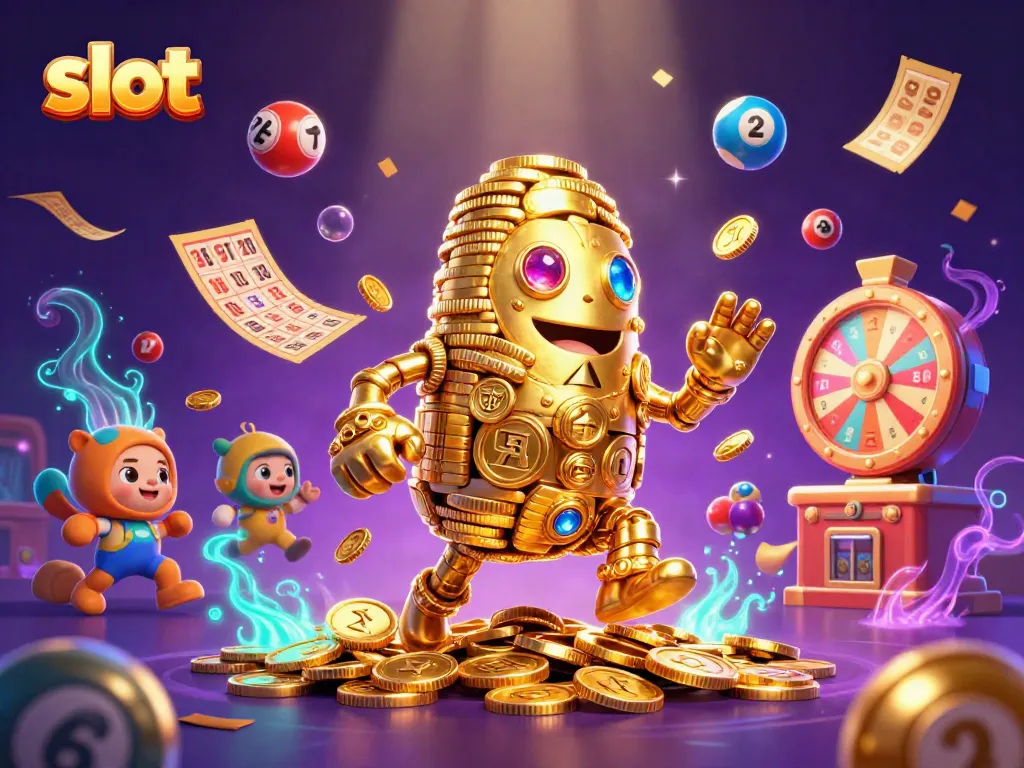 Play slots with a vibrant slot-themed 3D illustration featuring a golden golem and various game elements.
