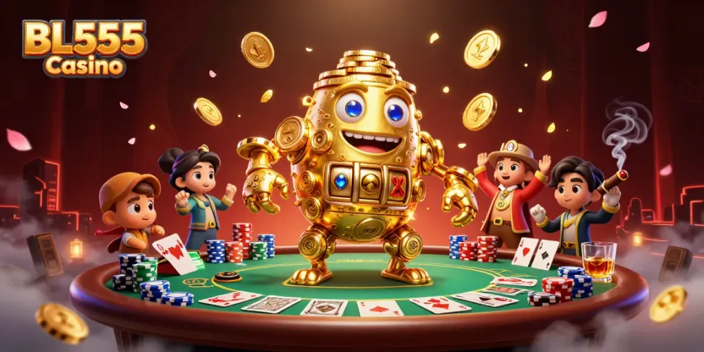Engage with thrilling games at BL555 Casino featuring a vibrant golem and poker elements.