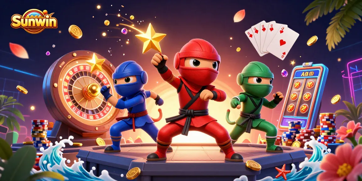 Sunwin captivates with a vibrant 3D scene of chameleon ninjas showcasing winning strategies amidst sparkling casino elements.