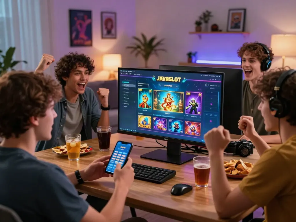 Javaslot: Teman-teman bersenang-senang bermain game online di ruang tamu modern.