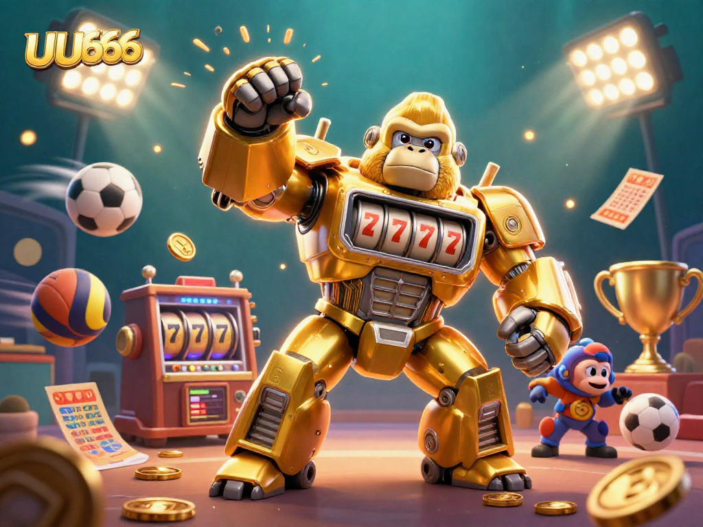 Experience exciting gaming action at UU666 with a golden gorilla mech and sports elements.