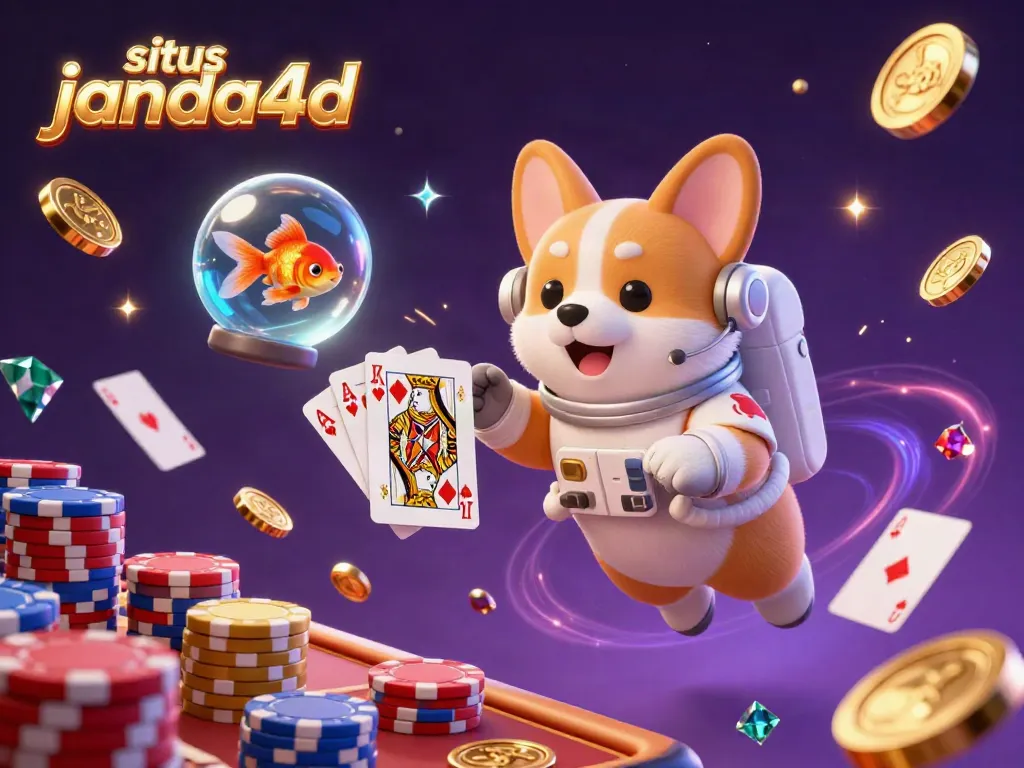Visualisasi situs janda4d dengan astronaut corgi dan koin emas mengalir.