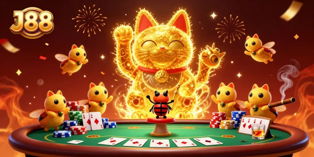 Experience J88 magic with a lucky cat surrounded by vibrant casino elements.
