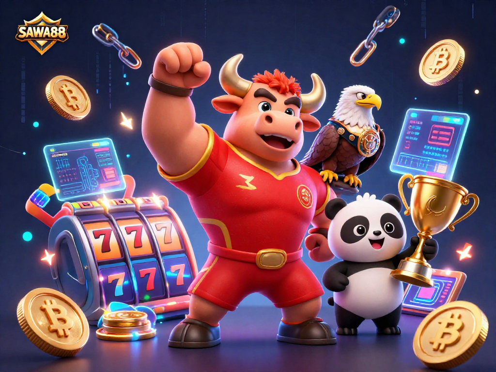 SAWA888 offers an energetic gaming experience with vibrant characters celebrating wins at the casino.