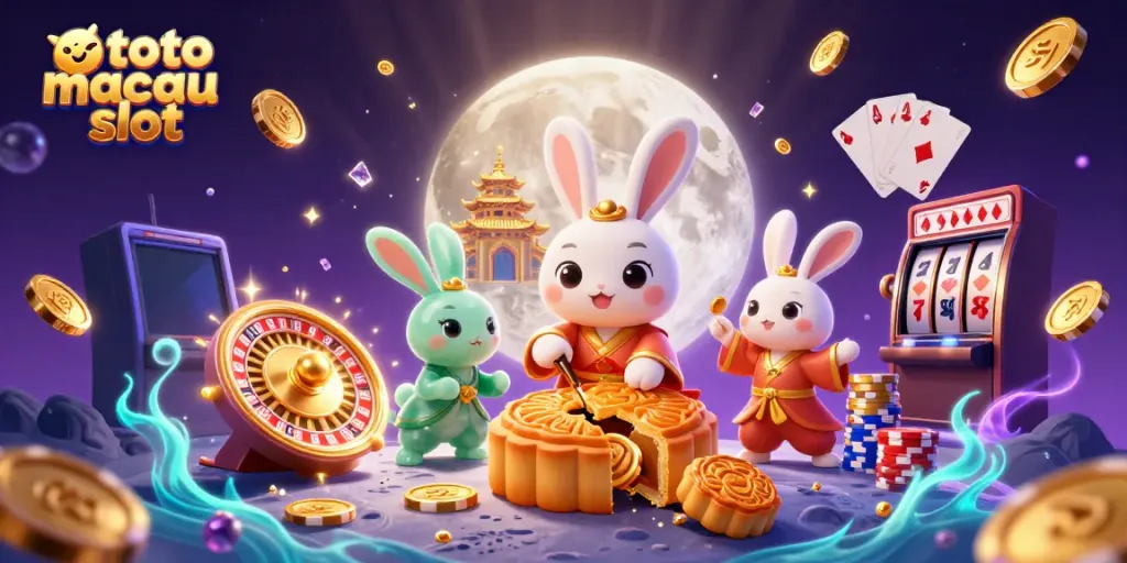 Menghadirkan pengalaman bermain toto macau slot yang kaya dengan elemen kasino, dikelilingi oleh koin emas dan poker chip.