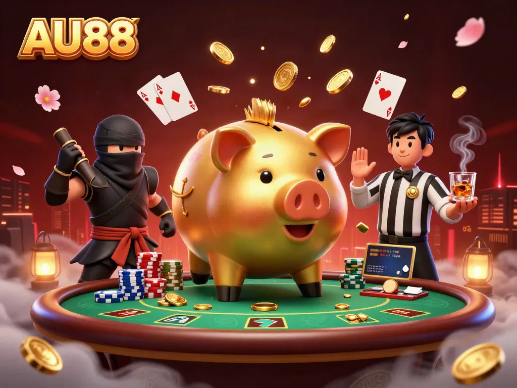 Engaging AU88 illustration featuring a sumo wrestler piggy bank and gaming elements in a vibrant casino setting.