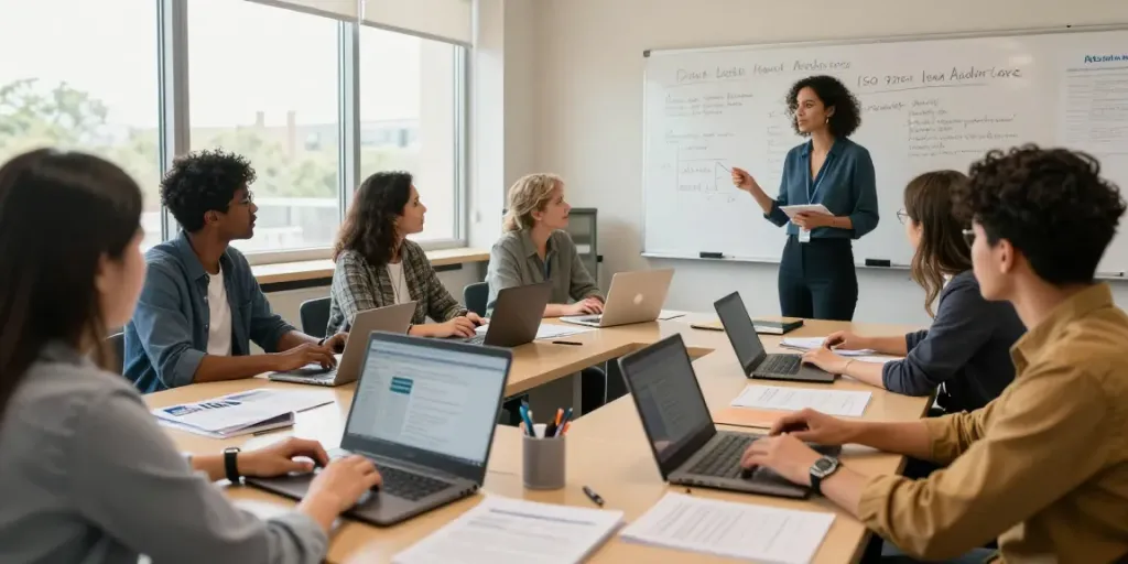 Participating in the ISO 9001 Lead Auditor Course with diverse students and an engaging instructor in a modern classroom.
