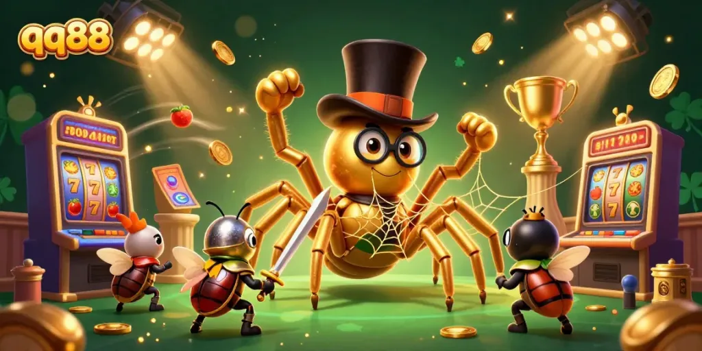 Engage with qq88’s exciting slot experience, featuring a golden tarantula and beetle knight in a vibrant casino setting.