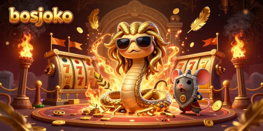 Play slots at bosjoko amidst dynamic golden elements and friendly characters in a vibrant scene.