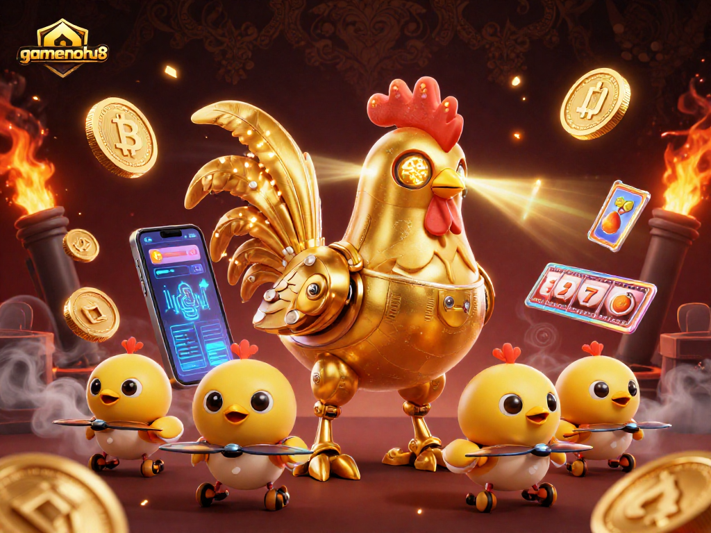 Engage with exciting slots at gamenohu68 while winning with neon crypto elements and golden rooster robots.