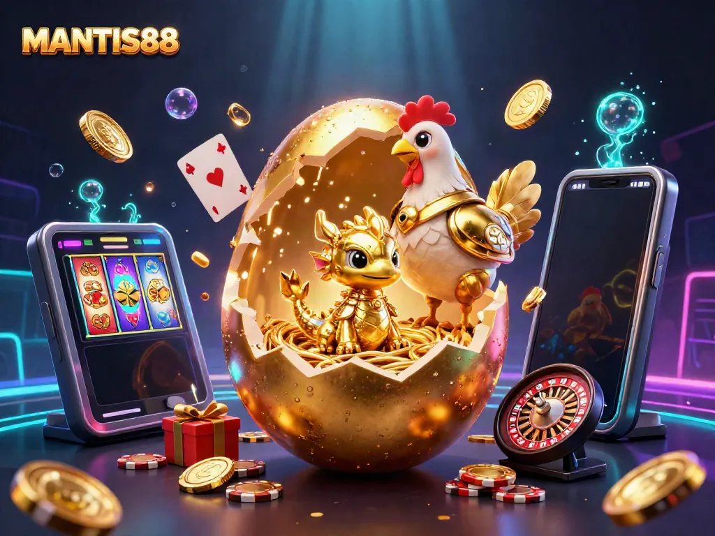Experience MANTIS88 with a golden dragon, poker chips, and vibrant slot game elements in 3D.