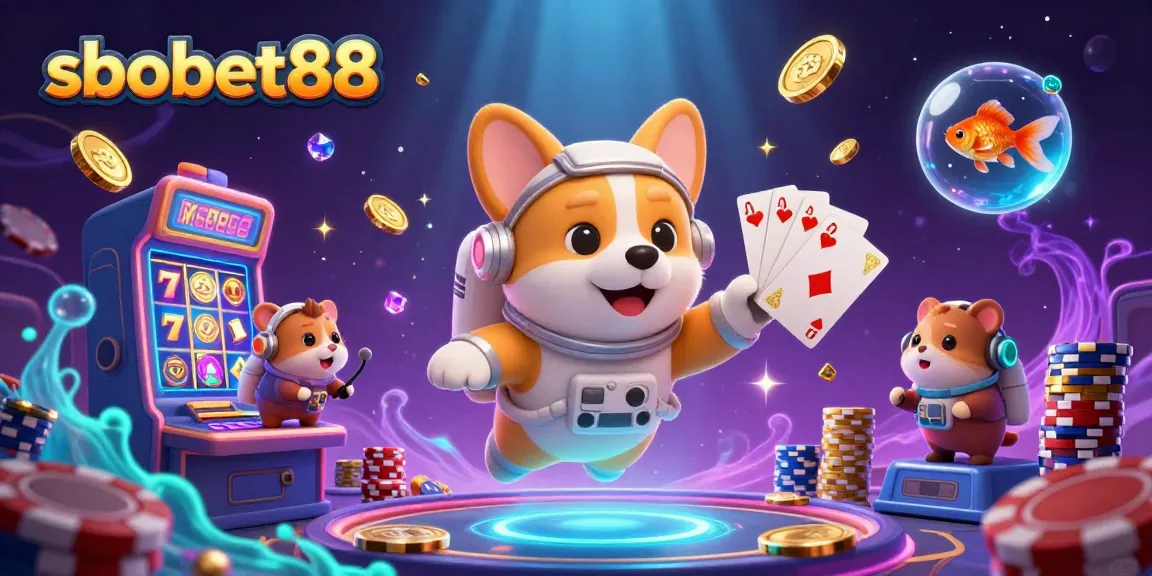 Spin the reels with sbobet88 as the corgi and friends float in a vibrant casino space.