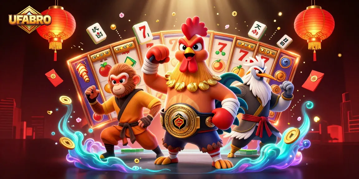 Win with UFABRO's dynamic gameplay featuring vibrant characters and colorful slot elements.
