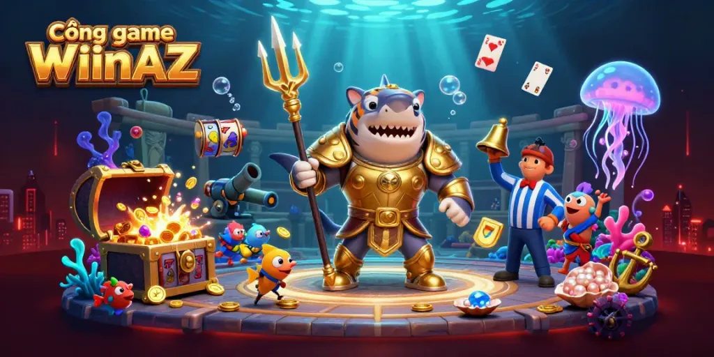 Engage with Cổng game WIinAZ's vibrant underwater casino scene, featuring a shark gladiator, treasures, and lively gameplay.