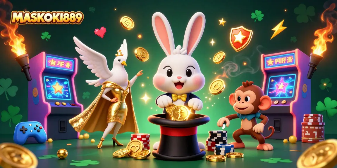 Engage in thrilling gameplay with MASKOKI889's vibrant 3D casino characters and arcade elements.