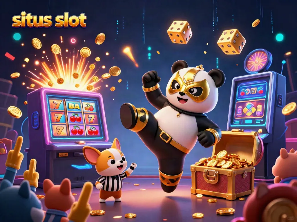 Melihat situs slot dengan karakter panda bertarung, mesin slot, dan penonton hewan kecil yang bersemangat.