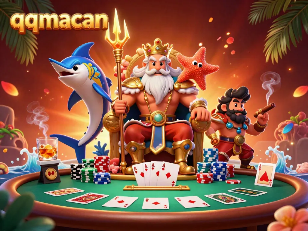 Experience thrilling card games with qqmacan in a vibrant casino atmosphere featuring cartoon characters.