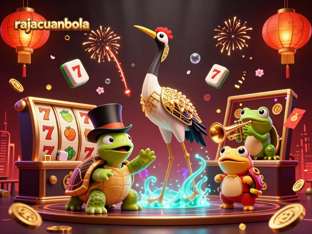 Experience rajacuanbola excitement with vibrant casino characters in a dynamic 3D illustration.