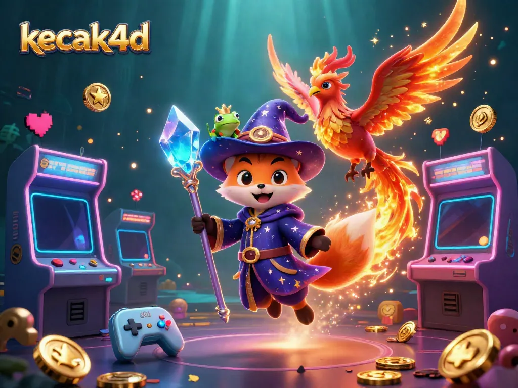 Engage in the enchanting world of kecak4d with a mystical fox wizard and a fiery phoenix in a vibrant casino setting.