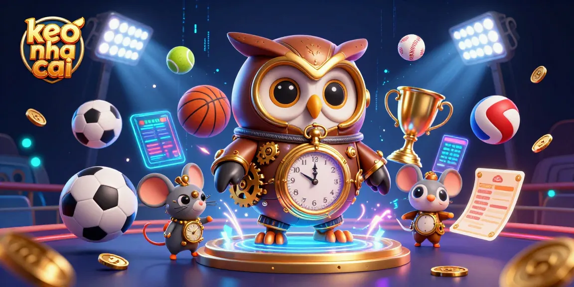 Bet on keo nha cai with a dynamic steampunk owl and sports elements in a vibrant casino scene.
