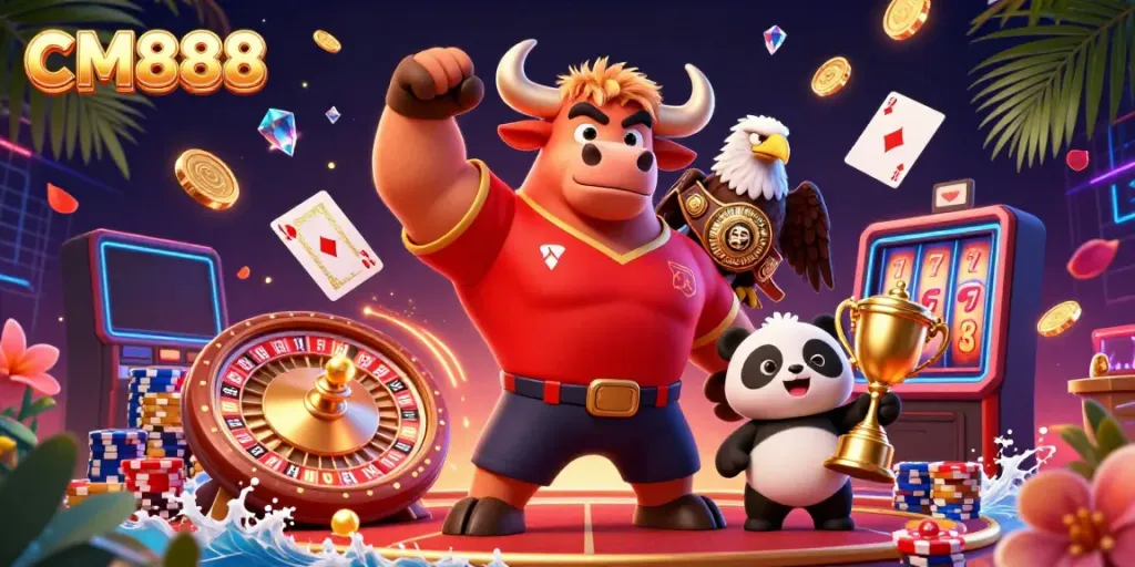 Experience the excitement of CM888 casino with a bull mascot, eagle, and panda amidst dynamic gaming elements.