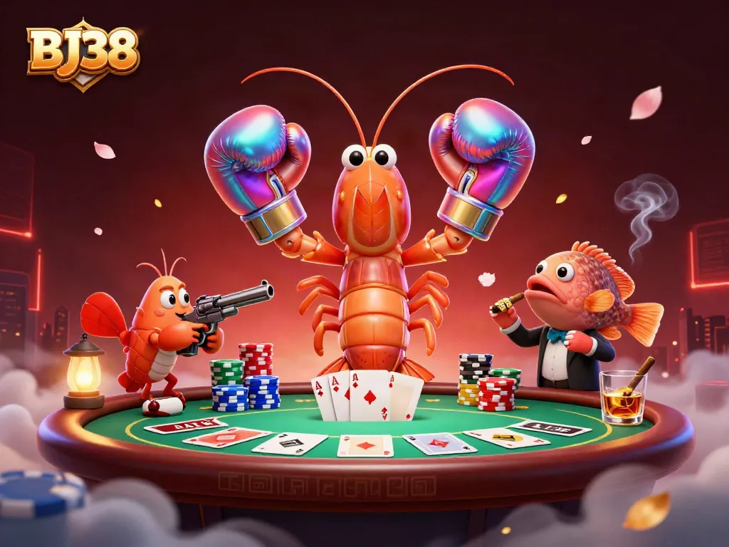 BJ38 featuring a mantis shrimp and friends compete at a poker table in an energetic casino scene.