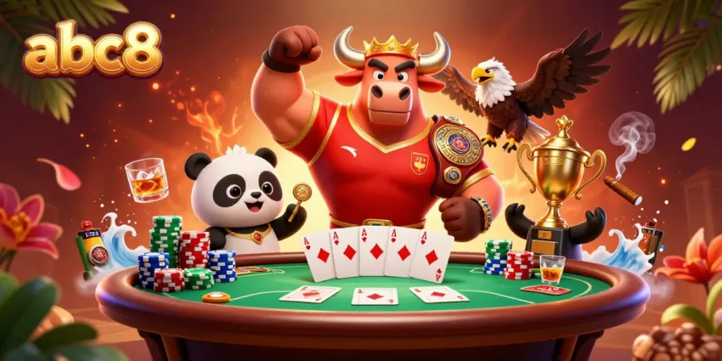 Experience thrilling poker action with abc8's vibrant 3D bull mascot and gaming elements.