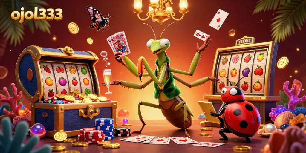 Experience ojol333 with a vibrant 3D scene of a mantis card sharp, floating slot reels, and sparkling treasures.