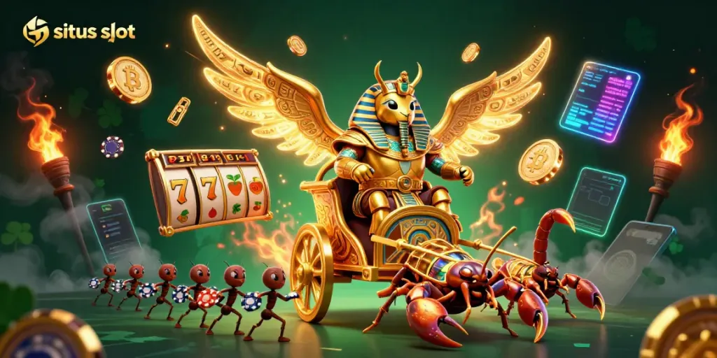 Permainan situs slot dengan khas scarab emas dan simbol jackpot yang menarik.