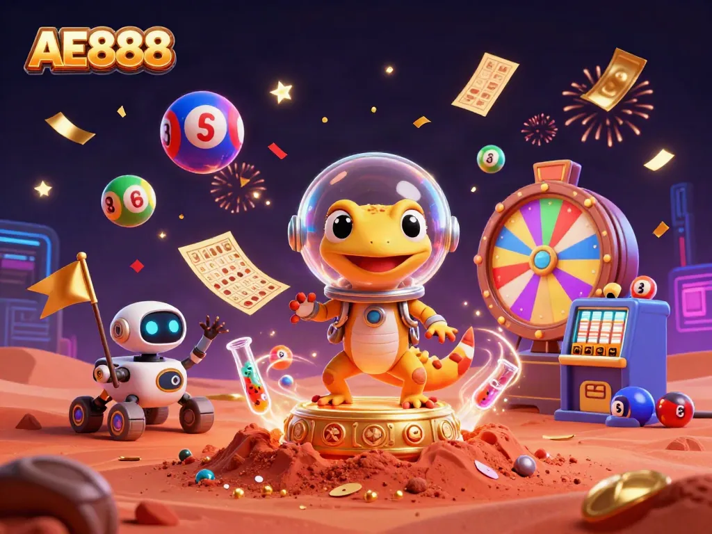 Experience thrilling winnings at AE888 with our vibrant cosmic casino adventure illustration packed with excitement.