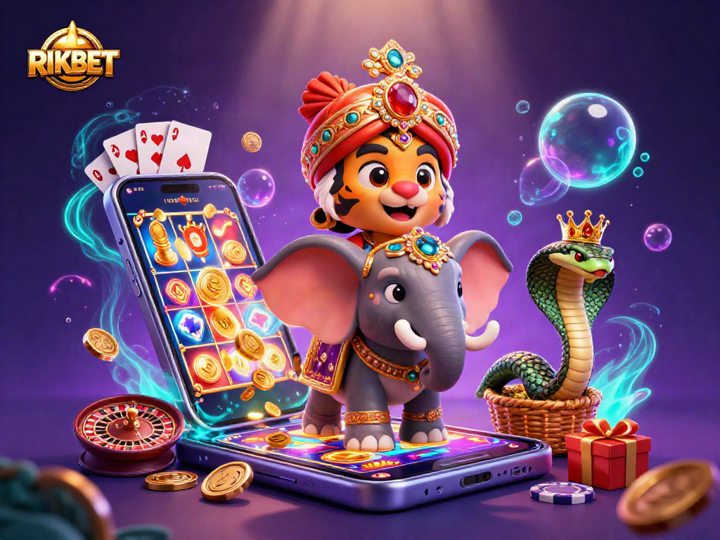 Experience RIKBET's vibrant casino world with a majestic tiger, jewel-encrusted elephant, and exciting game elements.