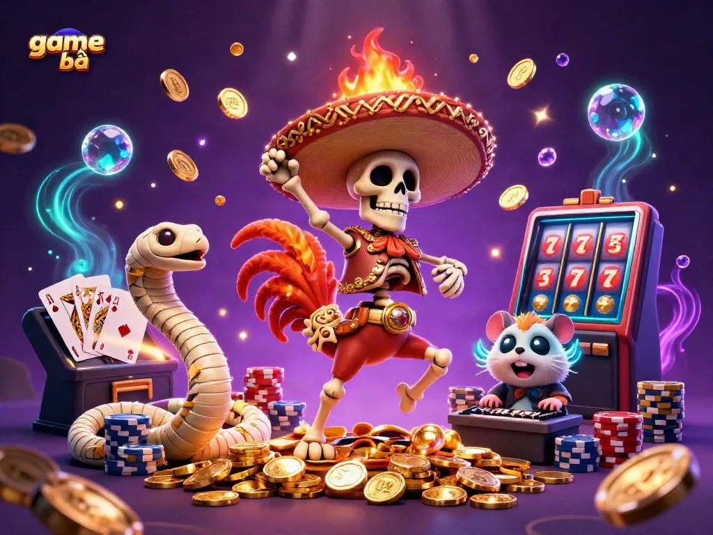 Experience vibrant game bài fun with a lively scene of a rooster, mummy snake, and DJ hamster amidst sparkling coins.
