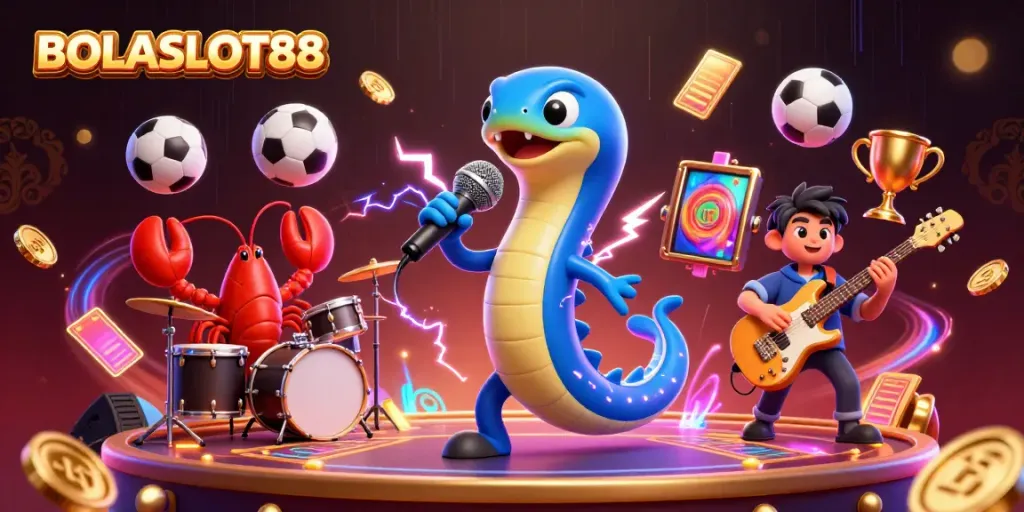 BOLASLOT88 showcases an electrifying underwater casino scene with dynamic characters and game elements.