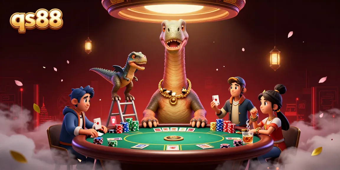 Engage with qs88 at the lively casino, featuring a brontosaurus and clever raptor working at a poker table.