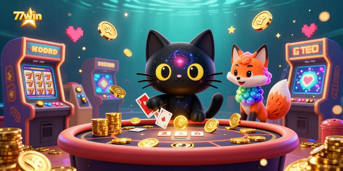 Experience the excitement of gaming at 77win with colorful casino elements and dynamic characters.