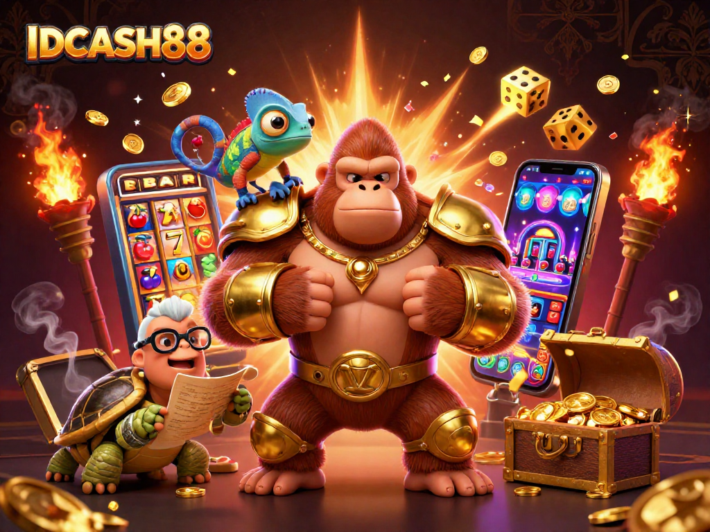 IDCASH88 showcases a powerful gorilla king and a chameleon in a vibrant casino setting.