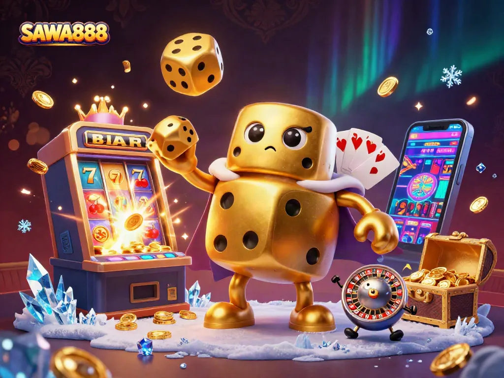 SAWA888 showcases a golden dice golem and casino elements bursting with excitement.