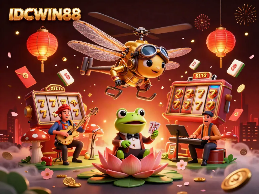 Experience the thrilling gameplay of IDCWIN88 with vibrant visuals of a dragonfly pilot and a frog dealer in a dynamic casino scene.