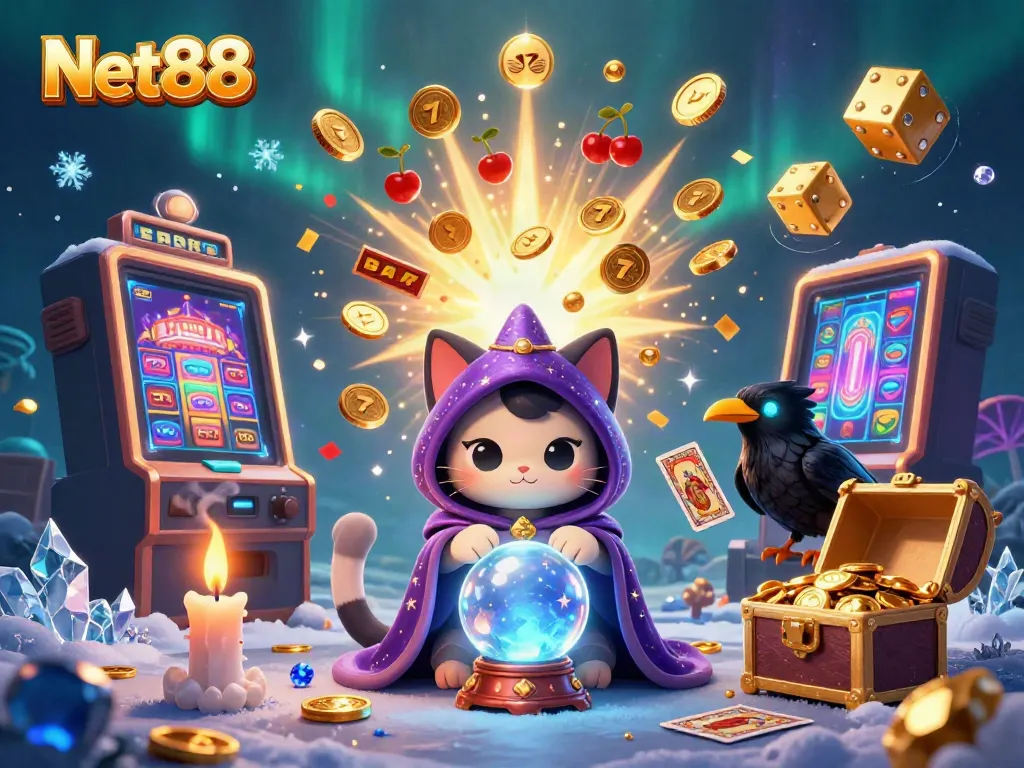Experience the thrill at Net88 with a lively scene of a fortune teller cat, a tarot-card raven, and casino elements.