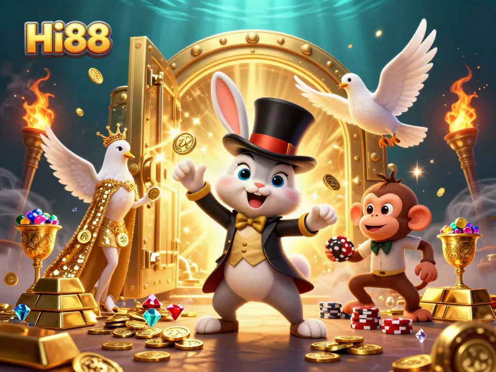 Hi88 players engage in casino fun as a magician rabbit conjures golden coins amidst poker chips and magical effects.