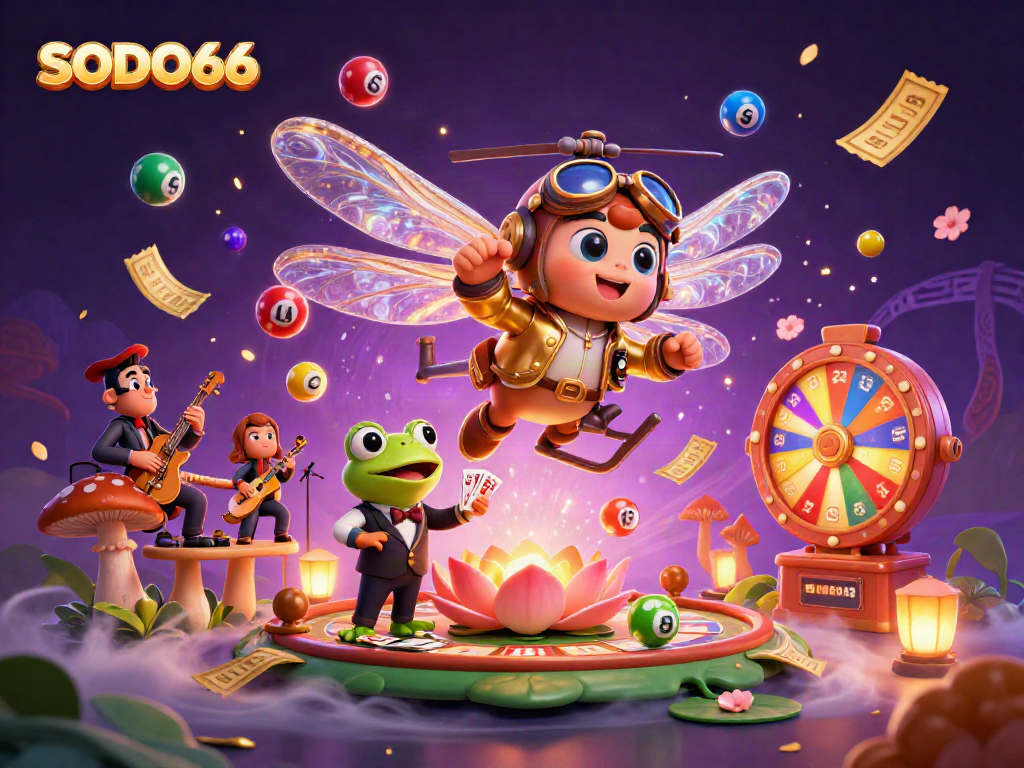 SODO66 showcases an enchanting scene of gaming thrills with a dragonfly pilot and casino elements.